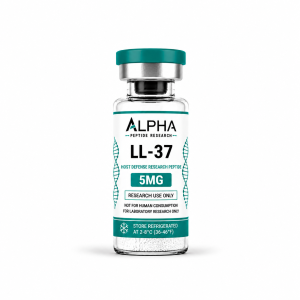 Alpha Peptide Research LL-37 5mg laboratory research vial with teal Healing Peptides branding.