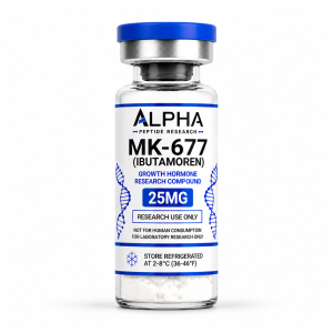 Alpha Peptide Research MK-677 (Ibutamoren) 25mg Growth Hormone laboratory-grade research compound vial with royal blue DNA helix graphics for scientific and laboratory research.