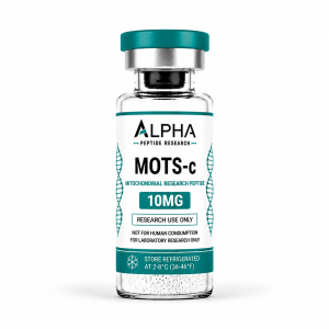 Alpha Peptide Research MOTS-c 10mg mitochondrial research peptide vial with teal Healing Peptides branding.