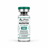 Alpha Peptide Research Mazdutide 10mg GLP-1 lyophilized research peptide vial with emerald green molecular bond graphics for scientific and laboratory research.