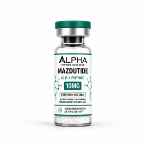 Alpha Peptide Research Mazdutide 10mg GLP-1 lyophilized research peptide vial with emerald green molecular bond graphics for scientific and laboratory research.