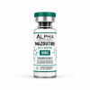 Alpha Peptide Research Mazdutide 5mg GLP-1 lyophilized research peptide vial with emerald green molecular bond graphics for scientific and laboratory research.