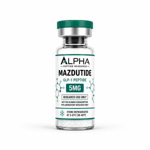 Alpha Peptide Research Mazdutide 5mg GLP-1 lyophilized research peptide vial with emerald green molecular bond graphics for scientific and laboratory research.
