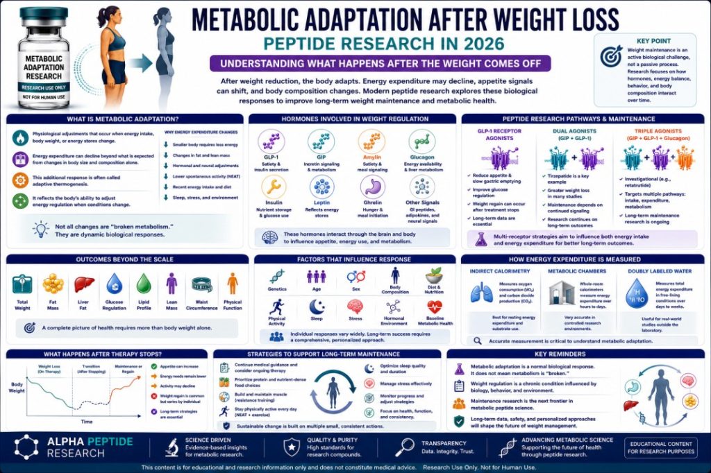 Scientific infographic about metabolic adaptation after weight loss, showing energy expenditure, appetite hormones, peptide pathways, body composition, and weight maintenance research.