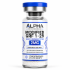 Alpha Peptide Research Modified GRF 1-29 2mg Growth Hormone lyophilized research peptide vial with royal blue DNA helix graphics for scientific and laboratory research.