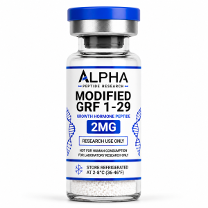 Alpha Peptide Research Modified GRF 1-29 2mg Growth Hormone lyophilized research peptide vial with royal blue DNA helix graphics for scientific and laboratory research.