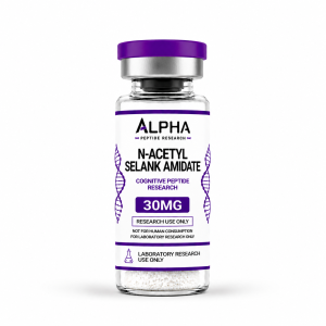Alpha Peptide Research N-Acetyl Selank Amidate 30mg laboratory research peptide vial with purple Cognitive Peptides branding.