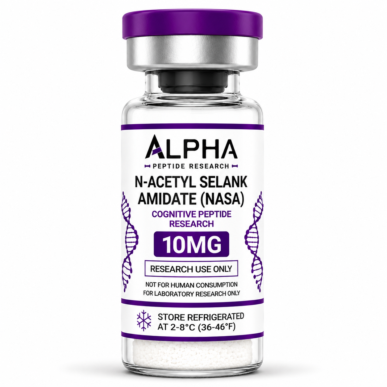 Alpha Peptide Research N-Acetyl Selank Amidate (NASA) 10mg Cognitive Peptide lyophilized research peptide vial with deep purple DNA helix graphics for scientific and laboratory research.