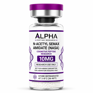 Alpha Peptide Research N-Acetyl Semax Amidate (NASA) 10mg Cognitive Peptide lyophilized research peptide vial with deep purple DNA helix graphics for scientific and laboratory research.