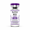 Alpha Peptide Research P21 10mg Cognitive Peptide lyophilized research peptide vial with deep purple DNA helix graphics for scientific and laboratory research.
