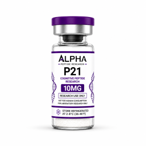 Alpha Peptide Research P21 10mg Cognitive Peptide lyophilized research peptide vial with deep purple DNA helix graphics for scientific and laboratory research.