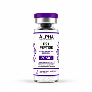 Alpha Peptide Research P21 Peptide 20mg laboratory research vial with purple Cognitive Peptides branding.