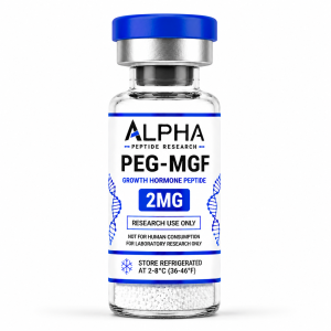 Alpha Peptide Research PEG-MGF 2mg Growth Hormone lyophilized research peptide vial with royal blue DNA helix graphics for scientific and laboratory research.