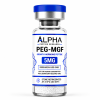 Alpha Peptide Research PEG-MGF 5mg Growth Hormone lyophilized research peptide vial with royal blue DNA helix graphics for scientific and laboratory research.
