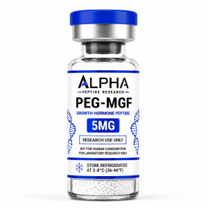 Alpha Peptide Research PEG-MGF 5mg Growth Hormone lyophilized research peptide vial with royal blue DNA helix graphics for scientific and laboratory research.