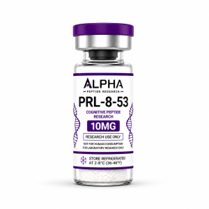 Alpha Peptide Research PRL-8-53 10mg Cognitive Peptide lyophilized research compound vial with deep purple DNA helix graphics for scientific and laboratory research.
