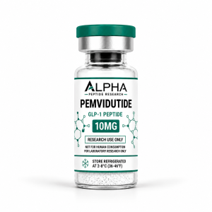 Alpha Peptide Research Pemvidutide 10mg GLP-1 lyophilized research peptide vial with emerald green molecular bond graphics for scientific and laboratory research.