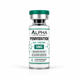 Alpha Peptide Research Pemvidutide 5mg GLP-1 lyophilized research peptide vial with emerald green molecular bond graphics for scientific and laboratory research.