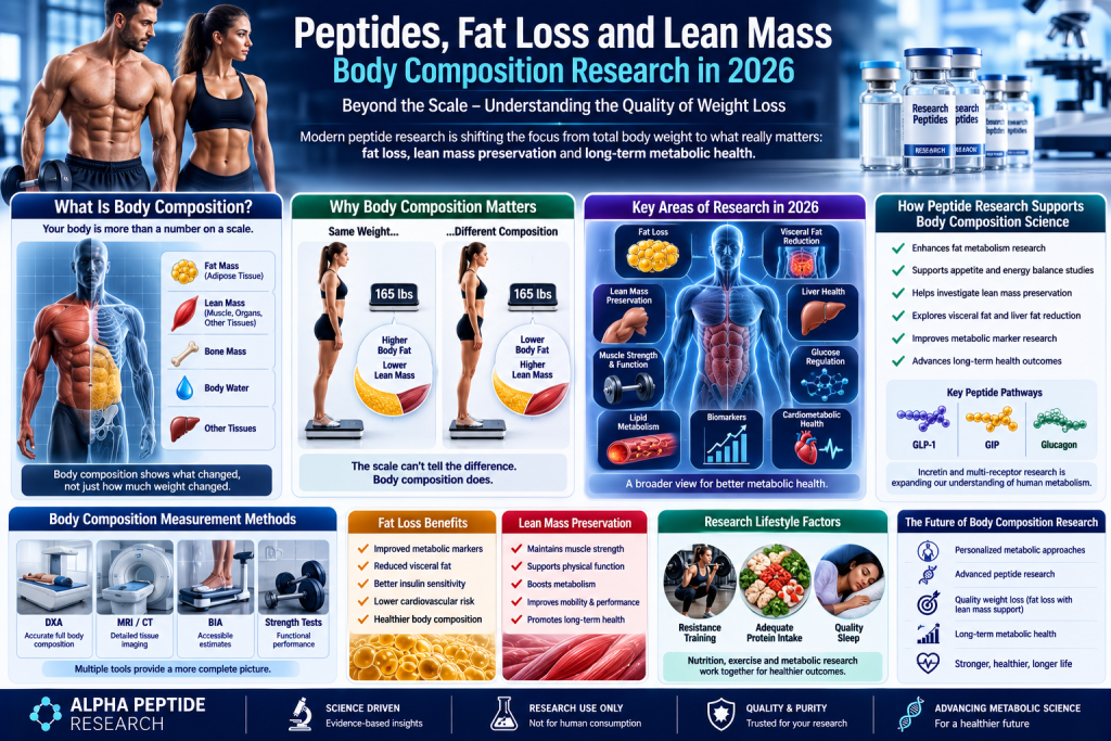 Scientific infographic showing peptide body composition research in 2026, including fat mass, lean mass, visceral fat, muscle preservation, and metabolic health.