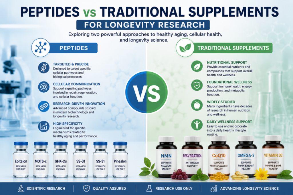 Scientific infographic comparing longevity research peptides and traditional supplements used in healthy aging, cellular health, and wellness research.