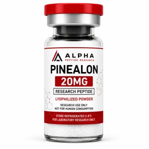 Front view of Alpha Peptide Research Pinealon 20mg lyophilized peptide vial for scientific research featuring Research Use Only labeling and premium laboratory-grade packaging.