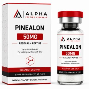 Front view of Alpha Peptide Research Pinealon 50mg lyophilized peptide vial for scientific research featuring Research Use Only labeling and premium laboratory-grade packaging.