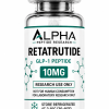 Alpha Peptide Research Retatrutide 10mg GLP-1 lyophilized research peptide vial with emerald green molecular bond graphics for scientific and laboratory research.