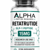 Alpha Peptide Research Retatrutide 15mg GLP-1 lyophilized research peptide vial with emerald green molecular bond graphics for scientific and laboratory research.