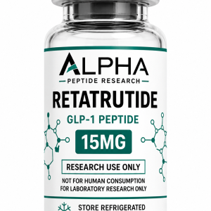 Alpha Peptide Research Retatrutide 15mg GLP-1 lyophilized research peptide vial with emerald green molecular bond graphics for scientific and laboratory research.