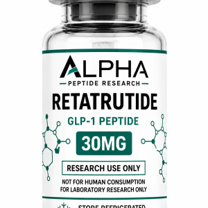 Alpha Peptide Research Retatrutide 30mg GLP-1 lyophilized research peptide vial with emerald green molecular bond graphics for scientific and laboratory research.