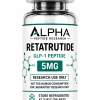 Alpha Peptide Research Retatrutide 5mg GLP-1 lyophilized research peptide vial with emerald green molecular bond graphics for scientific and laboratory research.