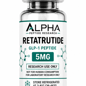 Alpha Peptide Research Retatrutide 5mg GLP-1 lyophilized research peptide vial with emerald green molecular bond graphics for scientific and laboratory research.