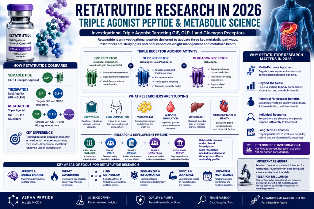 Scientific infographic about retatrutide research in 2026 showing its investigational GIP, GLP-1, and glucagon triple agonist pathways and metabolic research areas.