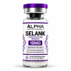 Alpha Peptide Research Selank 10mg Cognitive Peptide lyophilized research peptide vial with deep purple DNA helix graphics for scientific and laboratory research.