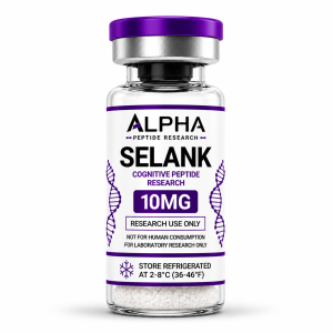 Alpha Peptide Research Selank 10mg Cognitive Peptide lyophilized research peptide vial with deep purple DNA helix graphics for scientific and laboratory research.