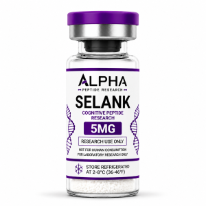 Alpha Peptide Research Selank 5mg Cognitive Peptide lyophilized research peptide vial with deep purple DNA helix graphics for scientific and laboratory research.