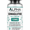 Alpha Peptide Research Semaglutide 10mg GLP-1 lyophilized research peptide vial with emerald green molecular bond graphics for scientific and laboratory research.