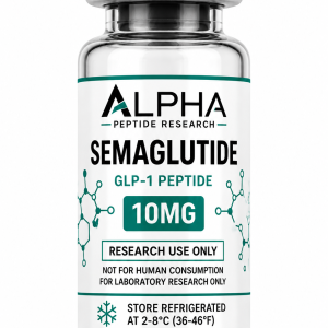 Alpha Peptide Research Semaglutide 10mg GLP-1 lyophilized research peptide vial with emerald green molecular bond graphics for scientific and laboratory research.