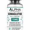 Alpha Peptide Research Semaglutide 15mg GLP-1 lyophilized research peptide vial with emerald green molecular bond graphics for scientific and laboratory research.