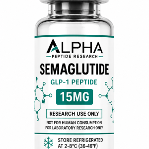 Alpha Peptide Research Semaglutide 15mg GLP-1 lyophilized research peptide vial with emerald green molecular bond graphics for scientific and laboratory research.