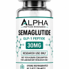 Alpha Peptide Research Semaglutide 30mg GLP-1 lyophilized research peptide vial with emerald green molecular bond graphics for scientific and laboratory research.