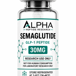 Alpha Peptide Research Semaglutide 30mg GLP-1 lyophilized research peptide vial with emerald green molecular bond graphics for scientific and laboratory research.