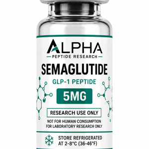 Alpha Peptide Research Semaglutide 5mg GLP-1 lyophilized research peptide vial with emerald green molecular bond graphics for scientific and laboratory research.