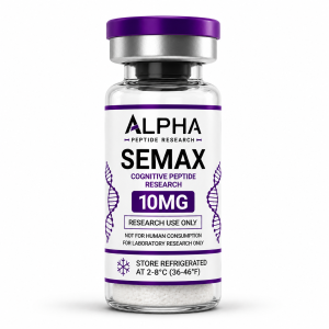 Alpha Peptide Research Semax 10mg Cognitive Peptide lyophilized research peptide vial with deep purple DNA helix graphics for scientific and laboratory research.