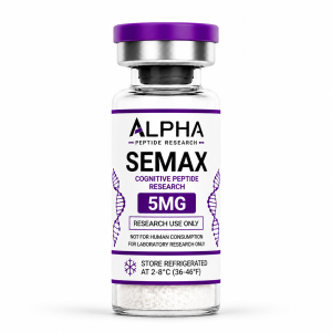 Alpha Peptide Research Semax 5mg Cognitive Peptide lyophilized research peptide vial with deep purple DNA helix graphics for scientific and laboratory research.