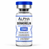 Alpha Peptide Research Sermorelin 10mg Growth Hormone lyophilized research peptide vial with royal blue DNA helix graphics for scientific and laboratory research.