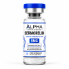 Alpha Peptide Research Sermorelin 5mg Growth Hormone lyophilized research peptide vial with royal blue DNA helix graphics for scientific and laboratory research.