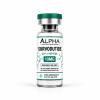 Alpha Peptide Research Survodutide 10mg GLP-1 lyophilized research peptide vial with emerald green molecular bond graphics for scientific and laboratory research.