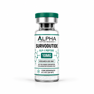 Alpha Peptide Research Survodutide 10mg GLP-1 lyophilized research peptide vial with emerald green molecular bond graphics for scientific and laboratory research.