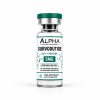 Alpha Peptide Research Survodutide 5mg GLP-1 lyophilized research peptide vial with emerald green molecular bond graphics for scientific and laboratory research.